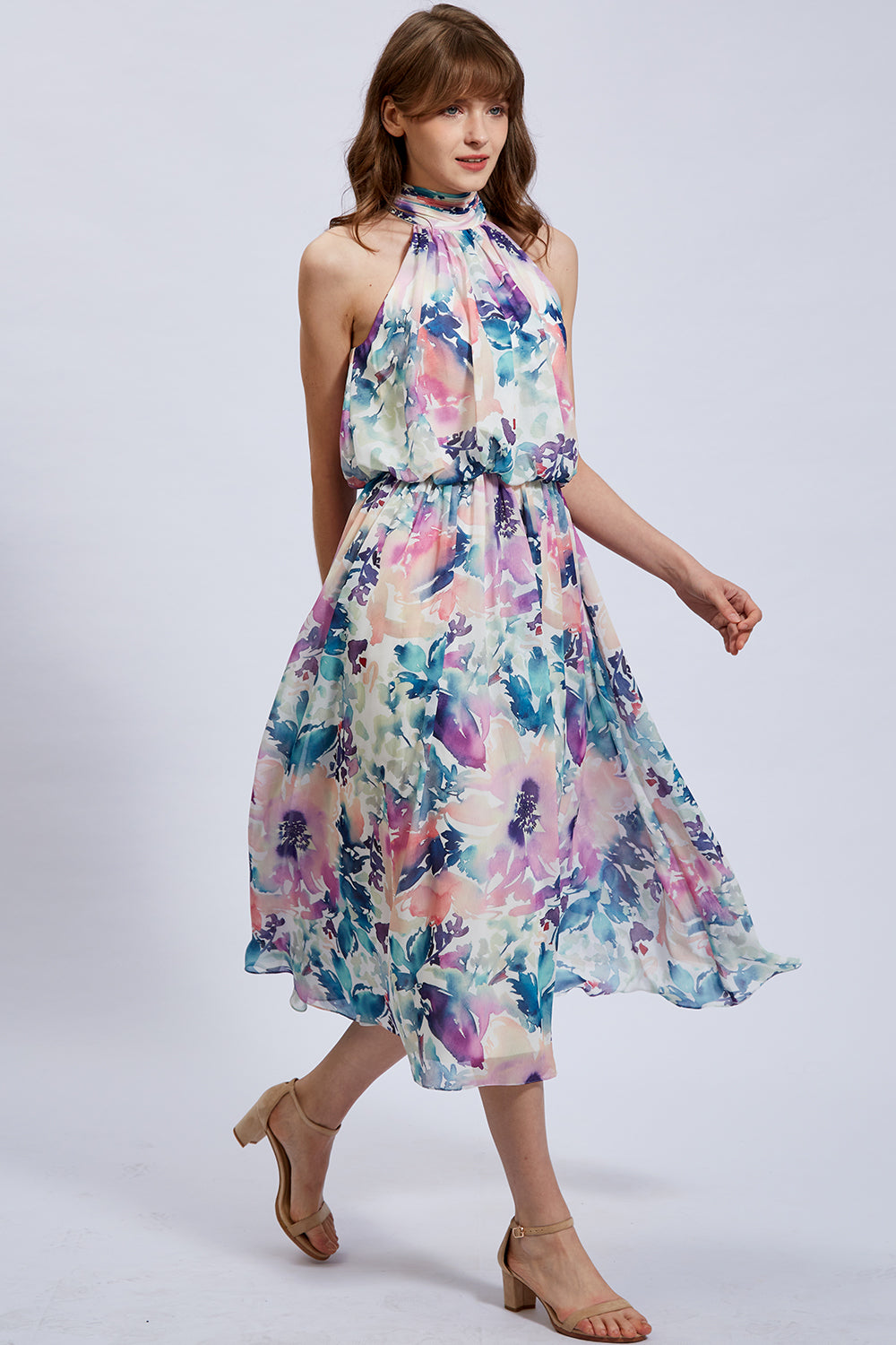 Halter High Neck Flowy Chiffon Cocktail Formal Party Dress