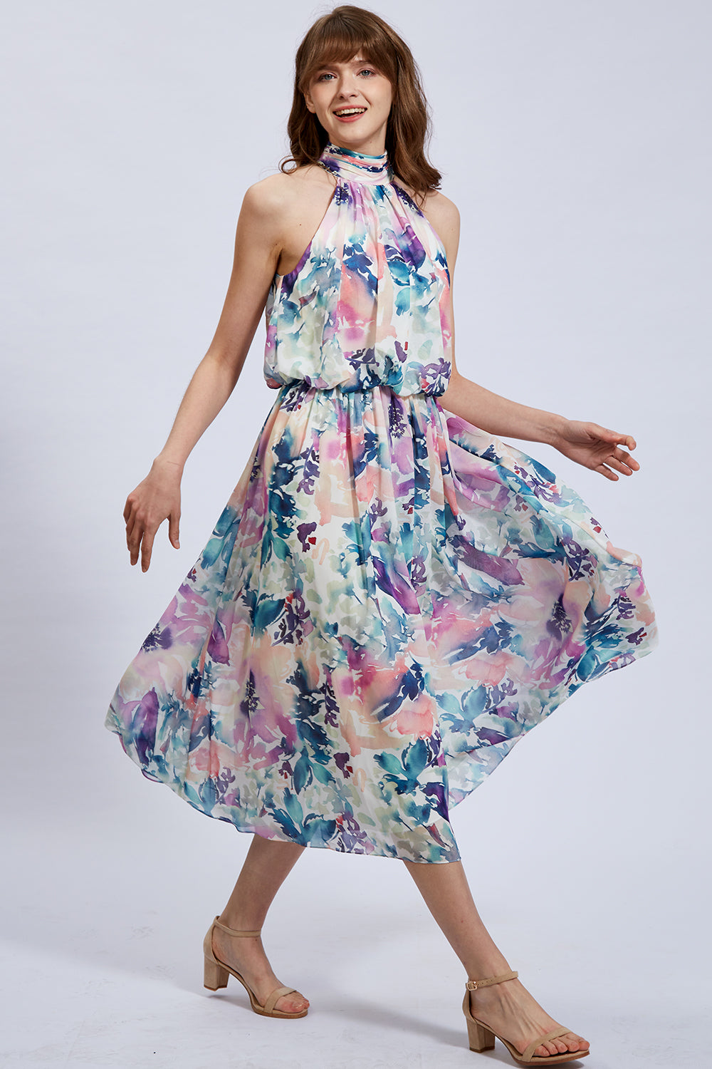 Halter High Neck Flowy Chiffon Cocktail Formal Party Dress Purple / Tea Length / US6 Halter High Neck Flowy Chiffon Cocktail Formal Party Dress Purple / Tea Length / US6
