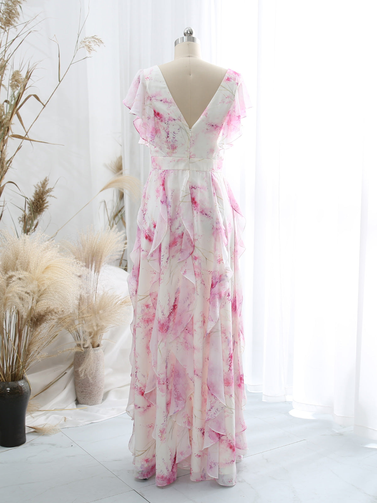 MissJophiel Women V Neck Ruffled Short Sleeve Floor Length Long Pink Wedding Party Bridesmaid Guest Dresses Pink / Floor Length / US12 MissJophiel Women V Neck Ruffled Short Sleeve Floor Length Long Pink Wedding Party Bridesmaid Guest Dresses Pink / Floor Length / US12