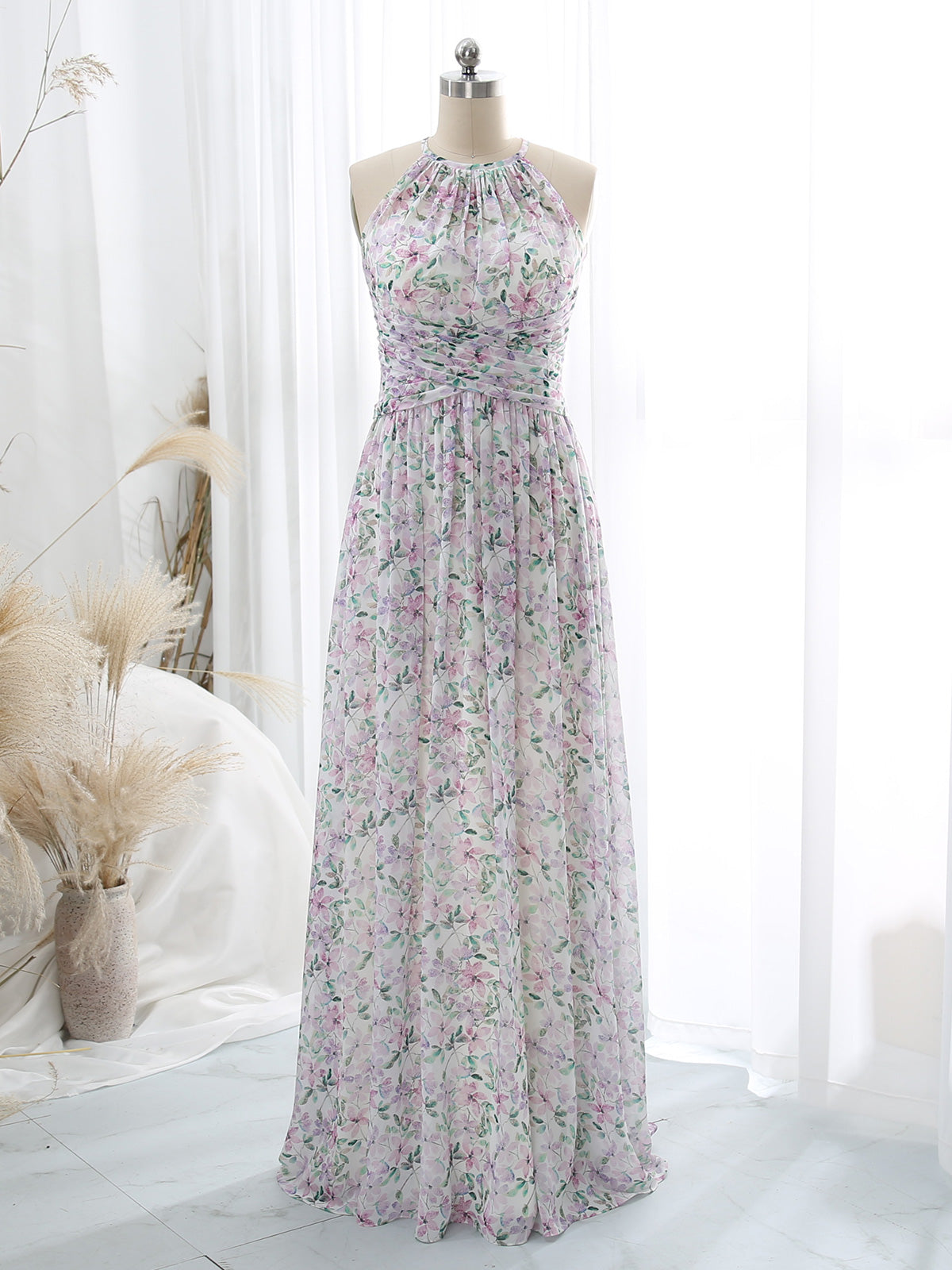 MissJophiel Halter Empire Waist Floor Length Long Floral Lavender Wedding Party Bridesmaid Dresses