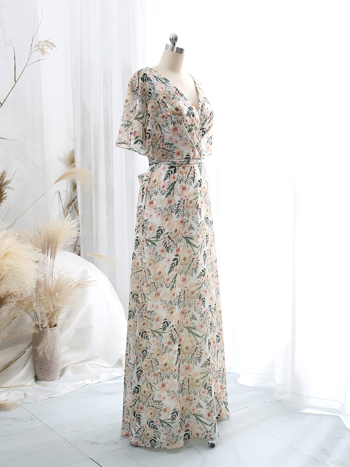 MissJophiel Women V Neck Ruffled Half Sleeeve Long Pleated Floral Wedding Party Guest Formal Dresses Champagne / Floor Length / US14 MissJophiel Women V Neck Ruffled Half Sleeeve Long Pleated Floral Wedding Party Guest Formal Dresses Champagne / Floor Length / US14
