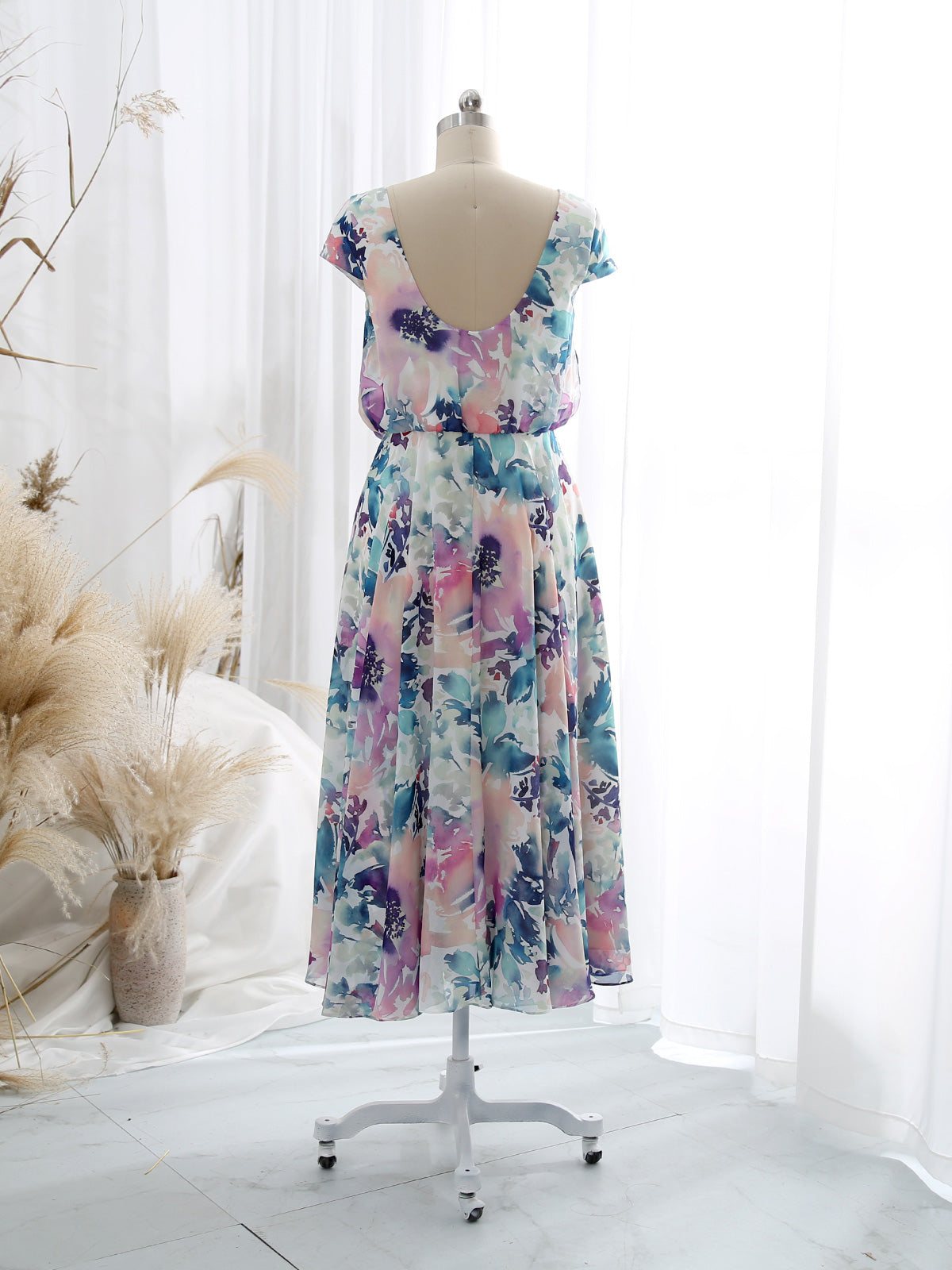MissJophiel V Neck Cap Sleeve Tea Length Semi Formal Wedding Party Guest Bridesmaid Dresses Teal / Tea Length / US20