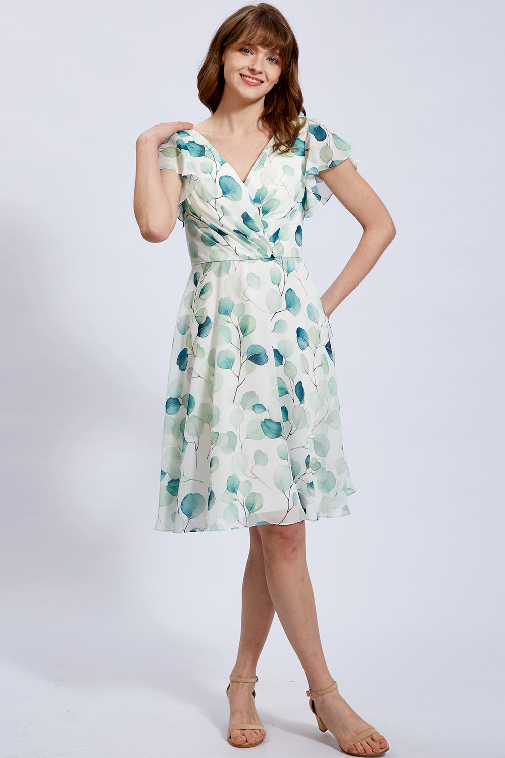 V Neck Short Sleeves Sage Floral Chiffon Cocktail Dresses MissJophiel V Neck Short Sleeves Sage Floral Chiffon Cocktail Dresses MissJophiel