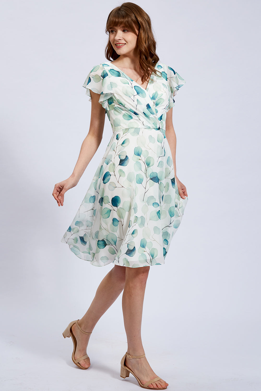 V Neck Short Sleeves Sage Floral Chiffon Cocktail Dresses Knee Length / US10