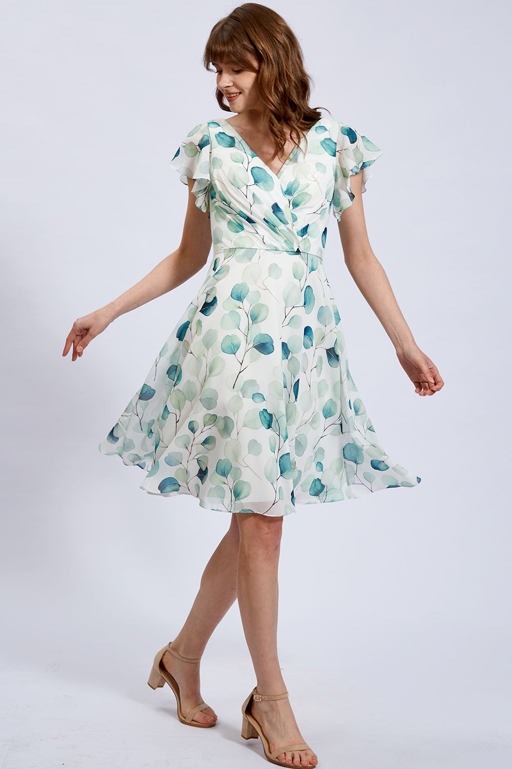 V Neck Short Sleeves Sage Floral Chiffon Cocktail Dresses Knee Length / US10 V Neck Short Sleeves Sage Floral Chiffon Cocktail Dresses Knee Length / US10