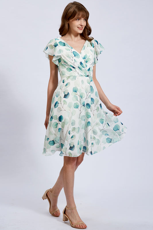 V Neck Short Sleeves Sage Floral Chiffon Cocktail Dresses