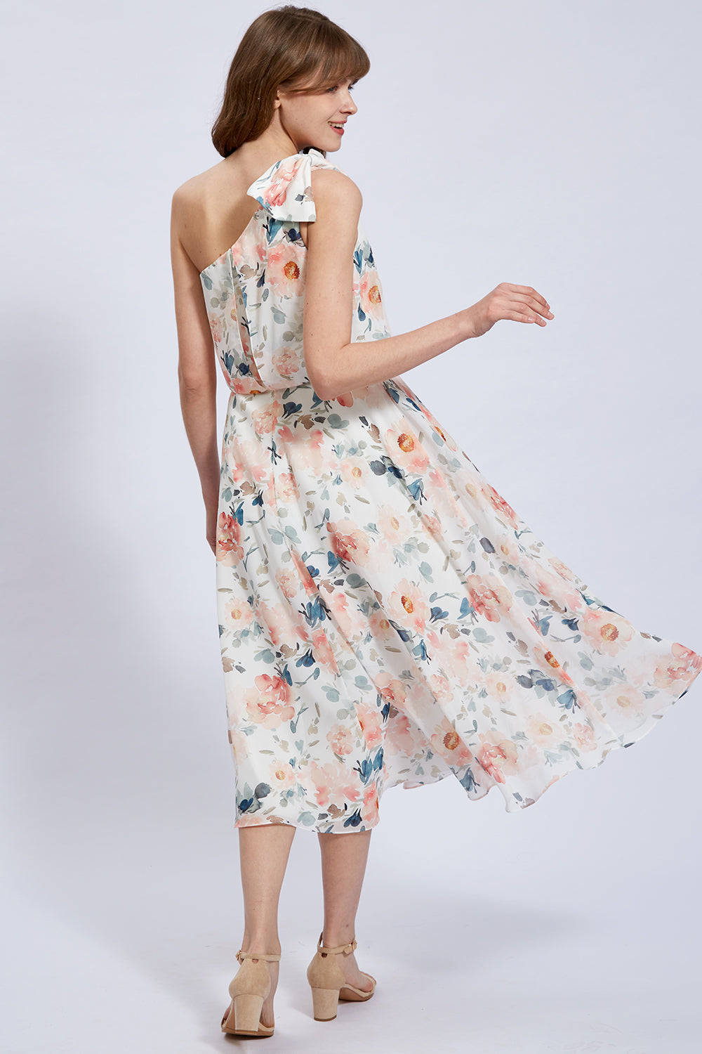 One Shoulder Tea Length Floral Party  Formal Dress