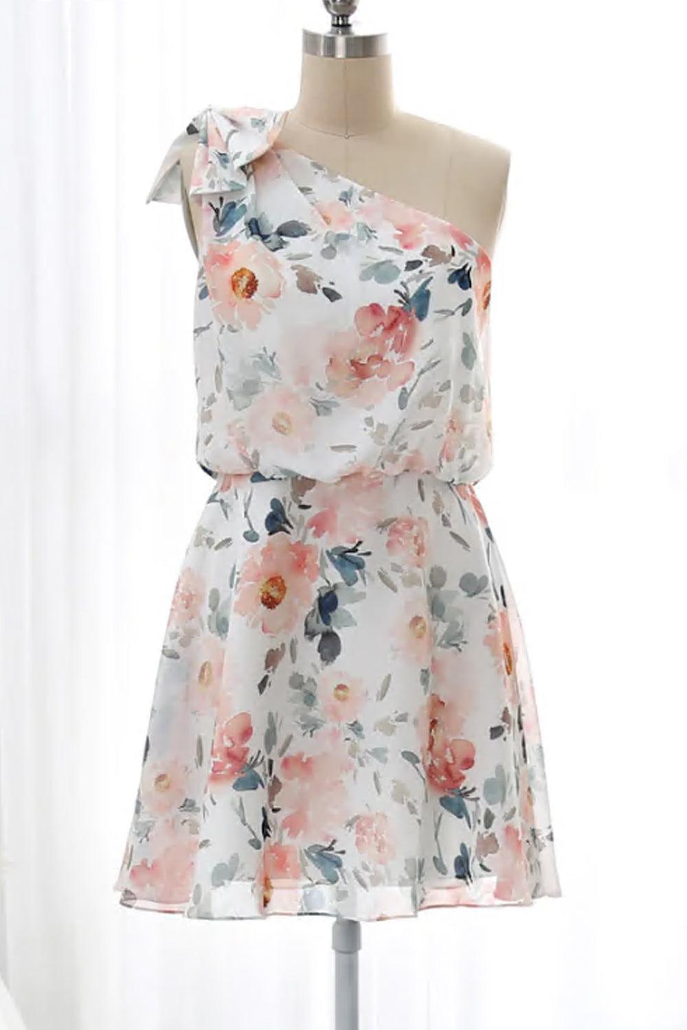 Formelles Kleid mit Blumenmuster und einer Schulter in Teelänge