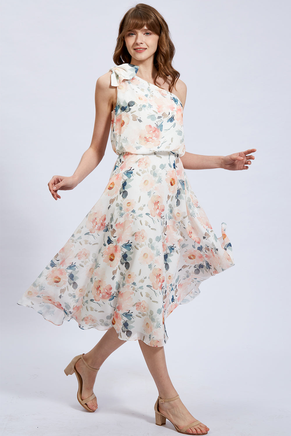 One Shoulder Tea Length Floral Party Formal Dress Peach Pink / Knee Length / US12 One Shoulder Tea Length Floral Party Formal Dress Peach Pink / Knee Length / US12