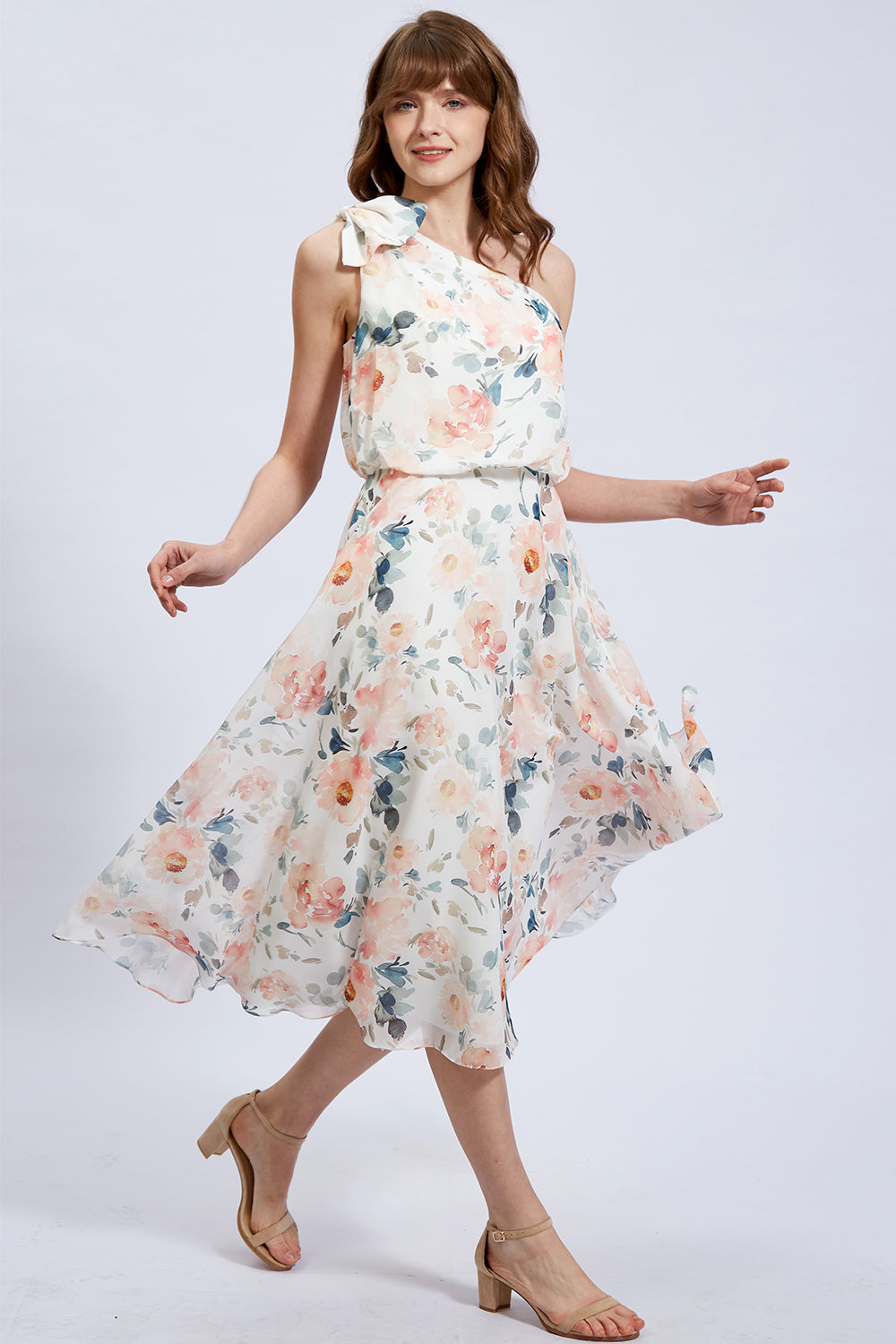 One Shoulder Tea Length Floral Party  Formal Dress