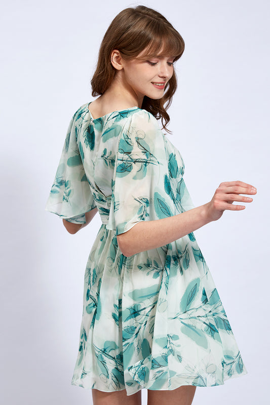 V Neck Ruched Floral Chiffon Mini Dress with Sleeves