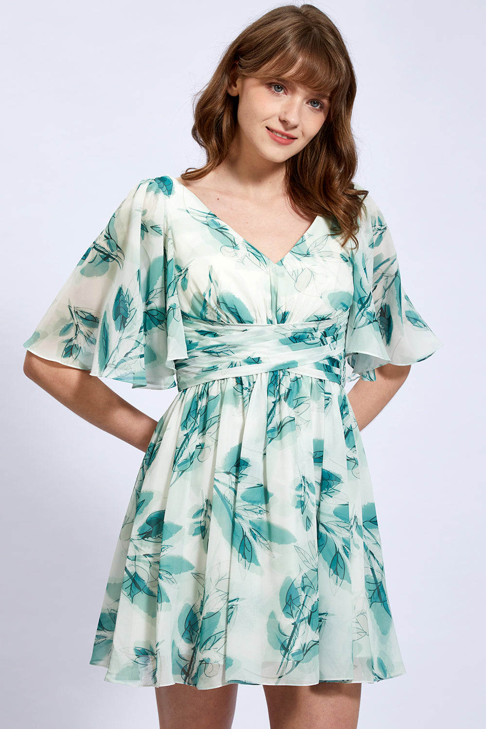 V Neck Ruched Floral Chiffon Mini Dress with Sleeves – MissJophiel