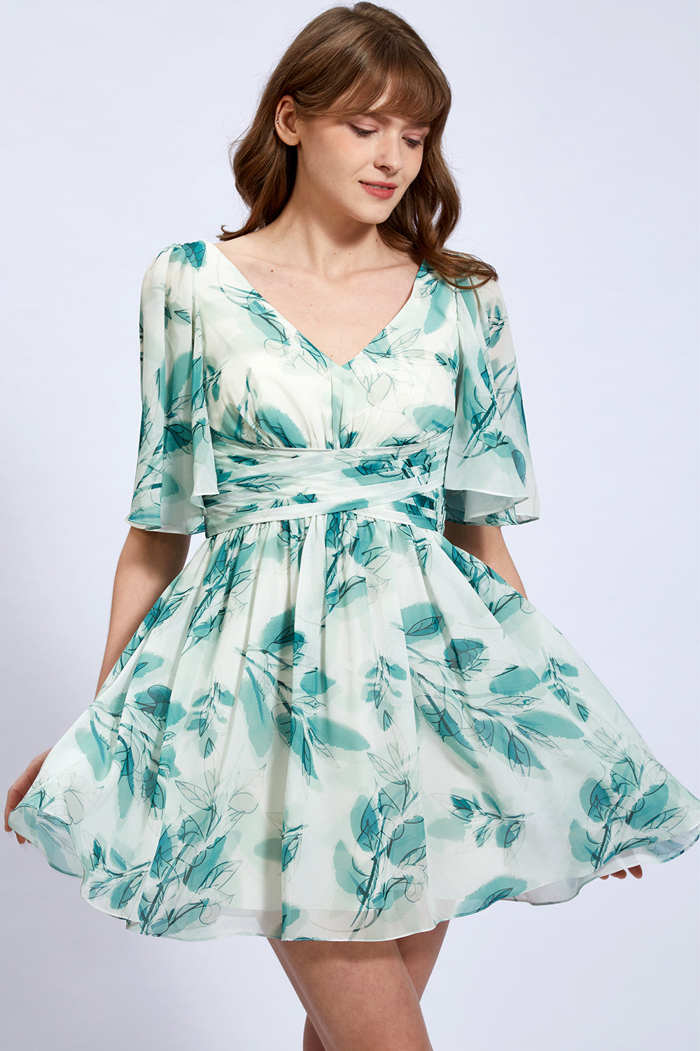 V Neck Ruched Floral Chiffon Mini Dress with Sleeves