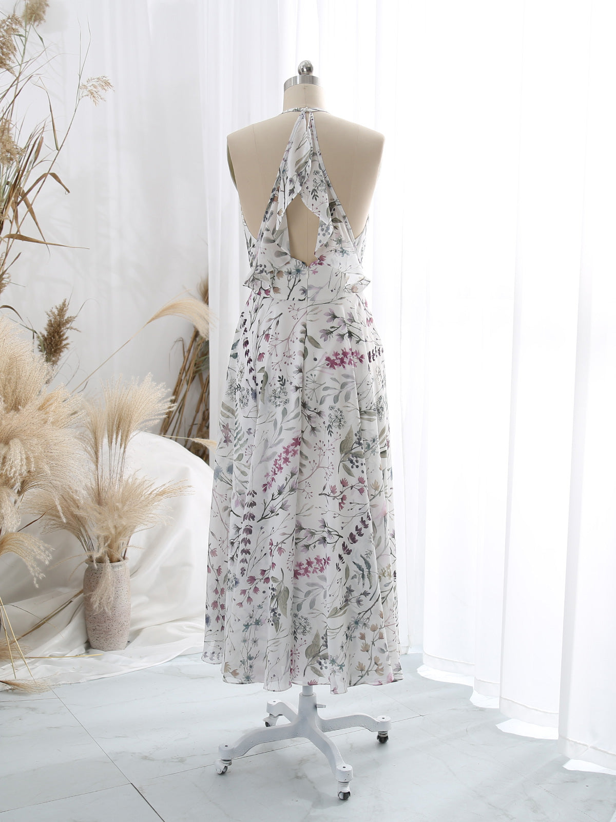 V-Neck-Tea-Length-A-Line-Floral-Pattern-Keyhole-Back-Wedding-Party-Guest-Dresses