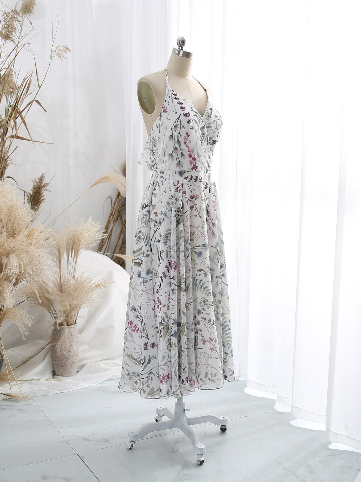 V-Neck-Tea-Length-A-Line-Floral-Pattern-Keyhole-Back-Wedding-Party-Guest-Dresses